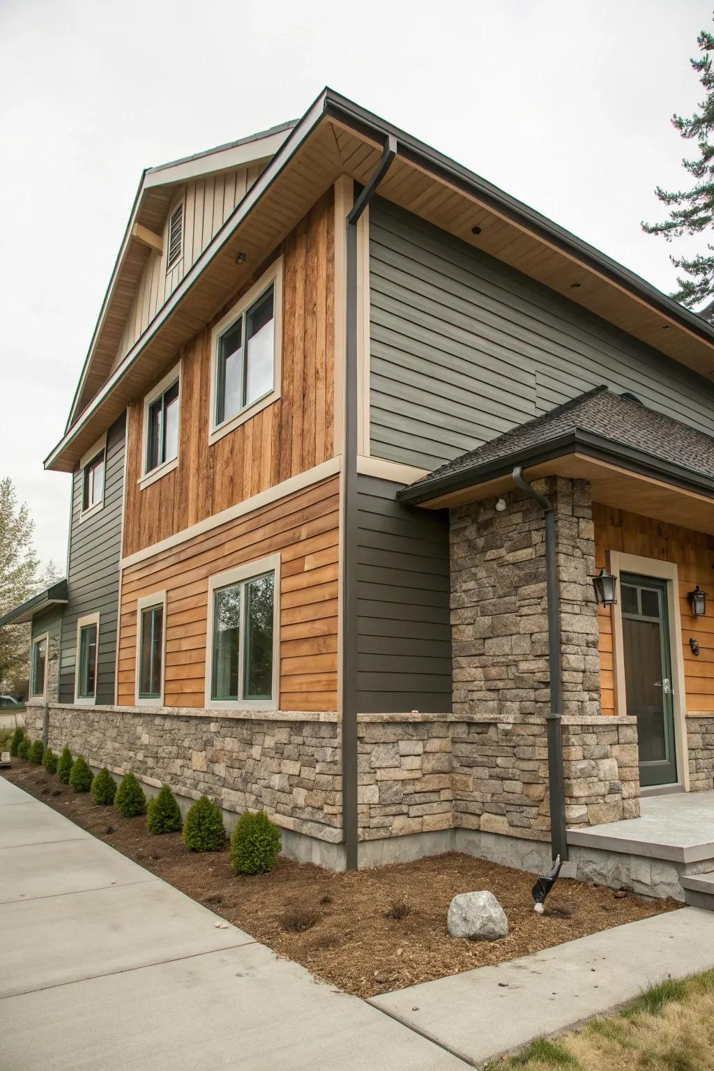 Mixed materials for a textured and dynamic home exterior.