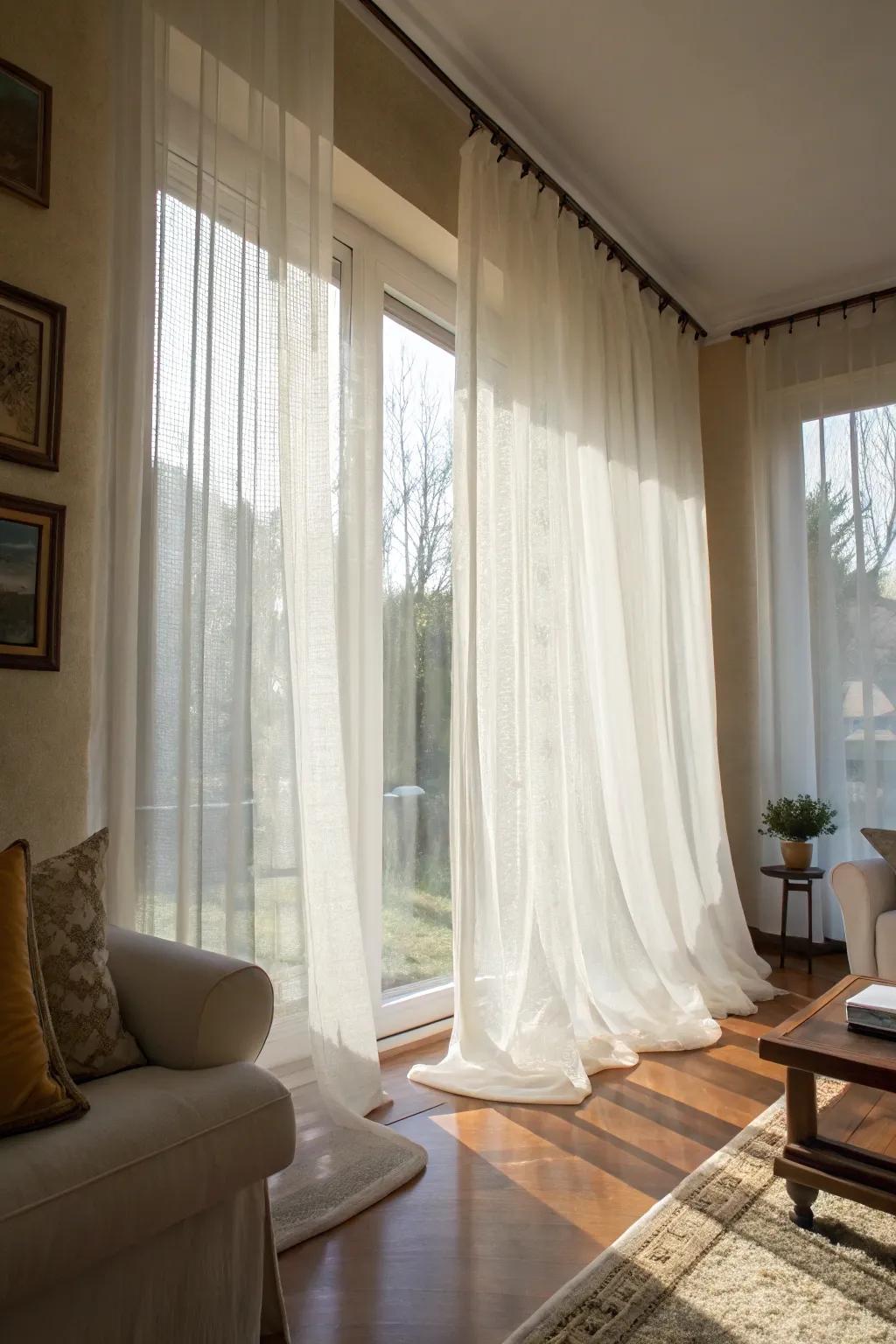 Sheer curtains let in natural light, creating a breezy atmosphere.