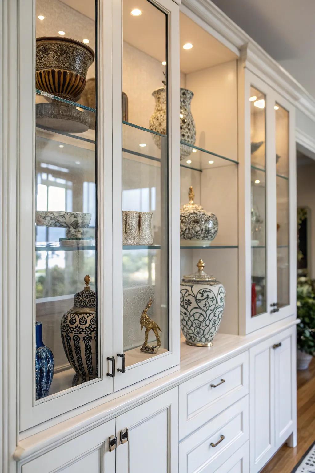 Decorative elements adding charm to the glass cabinets.