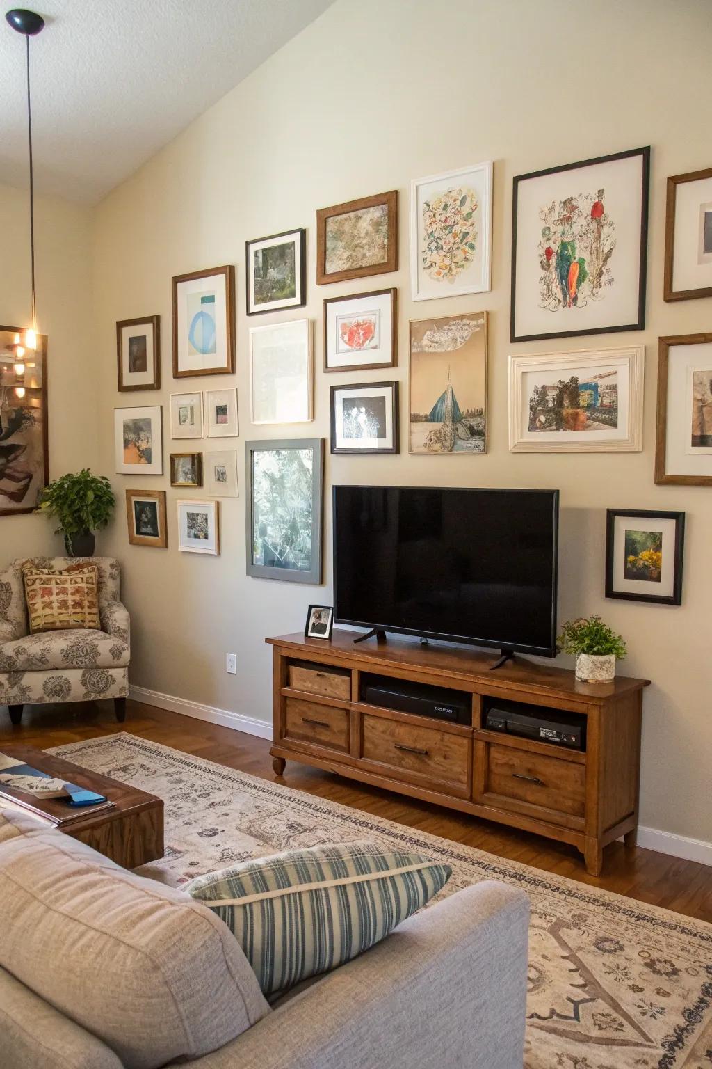 A gallery wall turns your TV area into an art showcase.