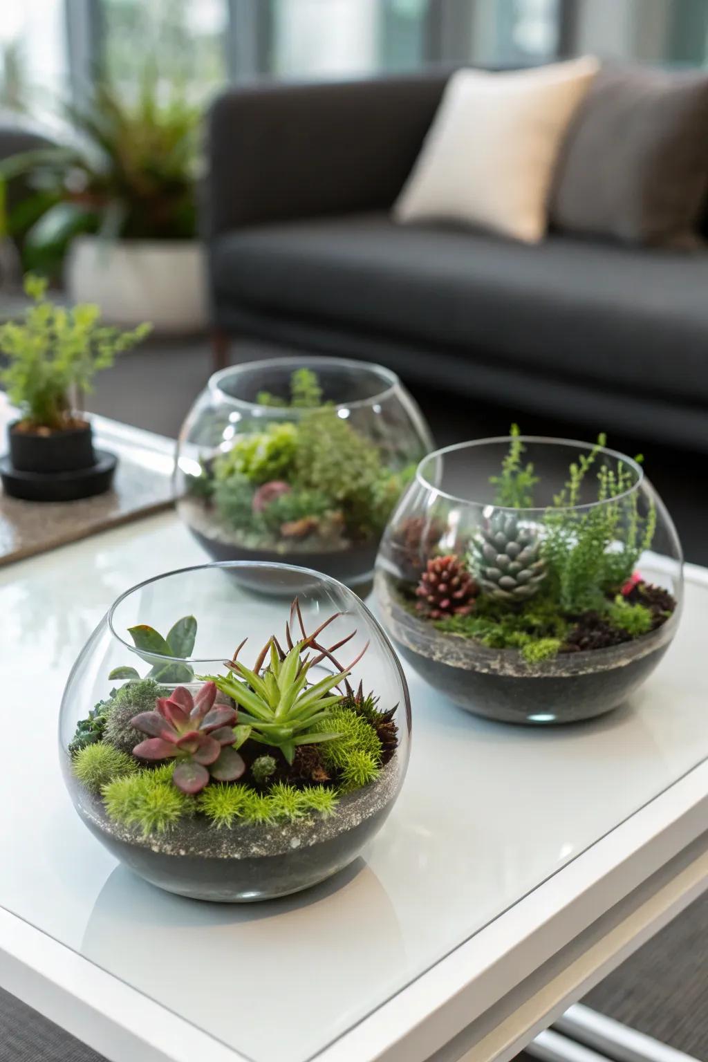 Miniature terrariums bring a touch of whimsy to any surface.