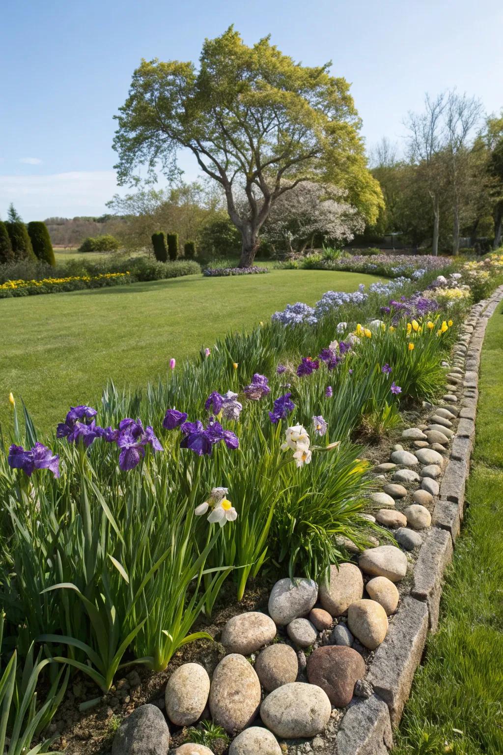 Iris beds elegantly outlined with natural stone edging.