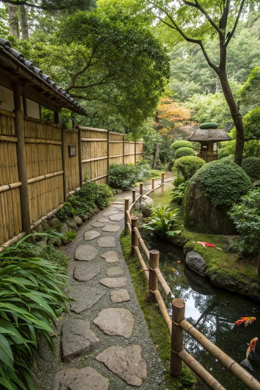 Cane fencing adding structure and privacy to a Japanese garden.