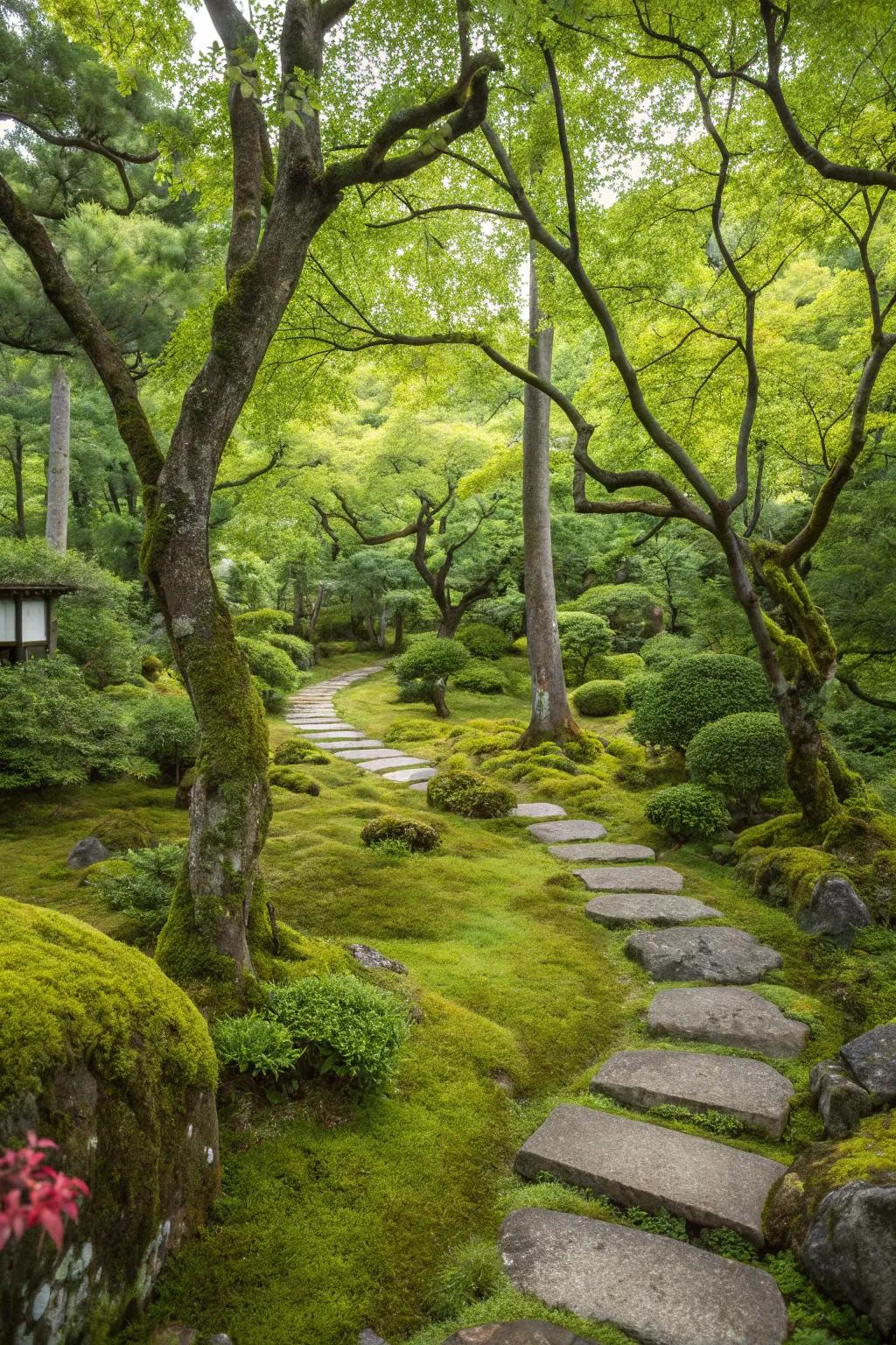 A lush Japanese garden displaying diverse trees and moss.