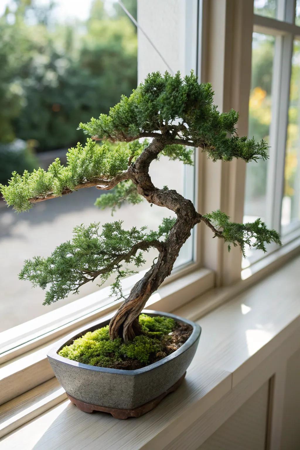 A waterfall juniper bonsai elegantly draping over a container on a sunny window sill.