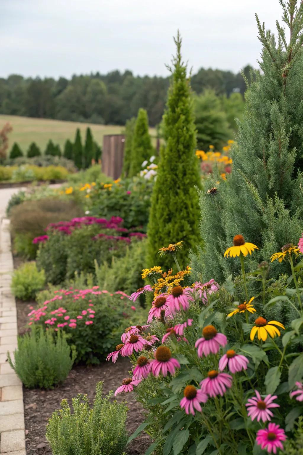 Lush junipers paired with bright coneflowers