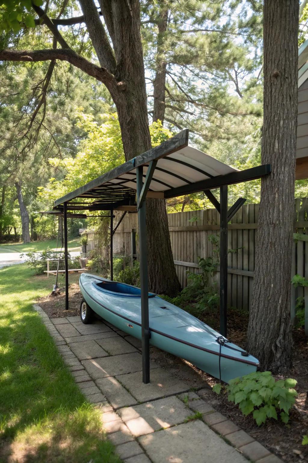 Sheltered rack offering kayak protection.