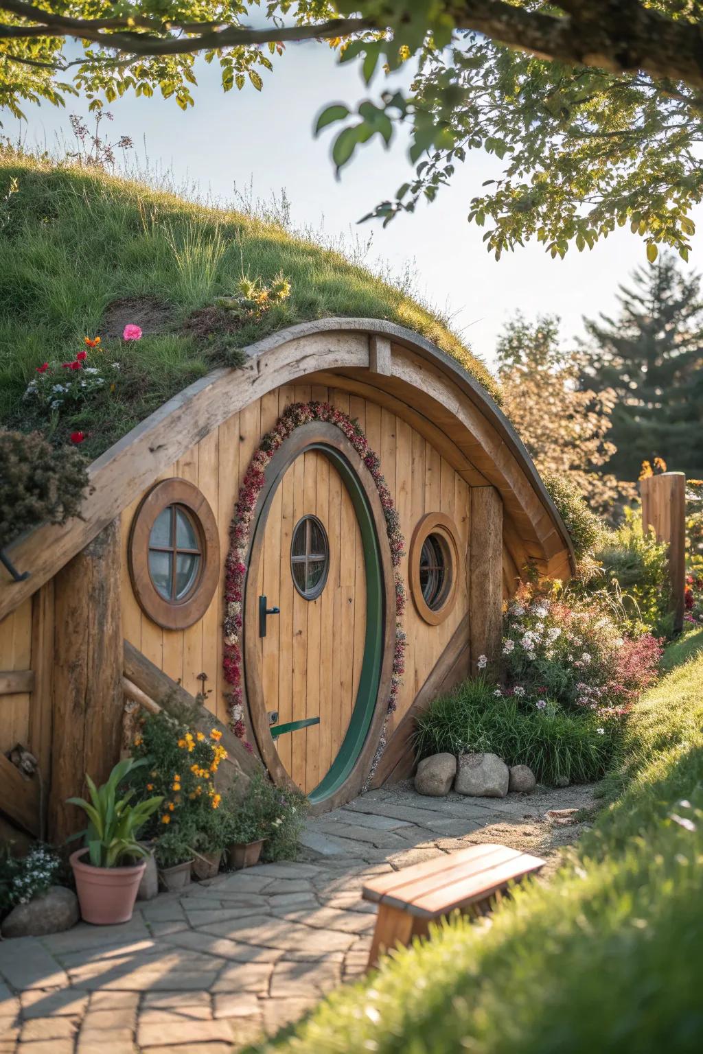 Transform your garden into a whimsical wonderland with a hobbit hole playhouse, where imagination knows no bounds!