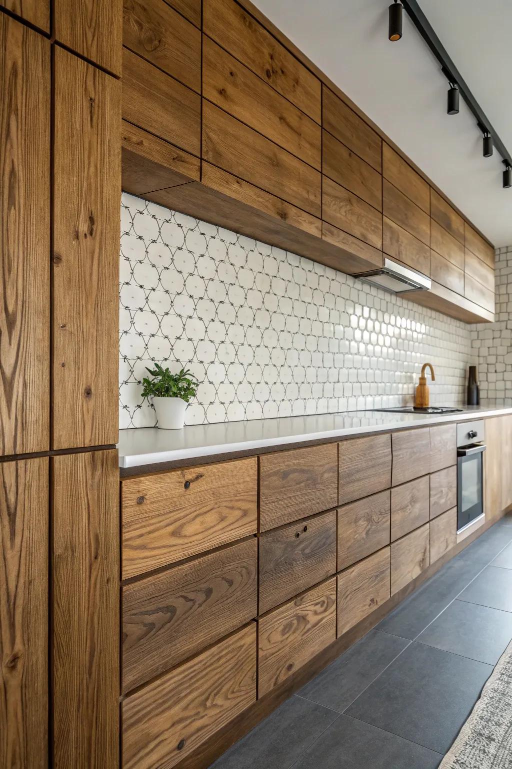 Kitchen accent wall with mixed materials for contrast.