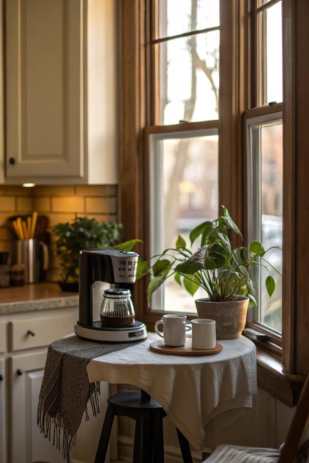 A serene coffee station in your kitchen bay window.