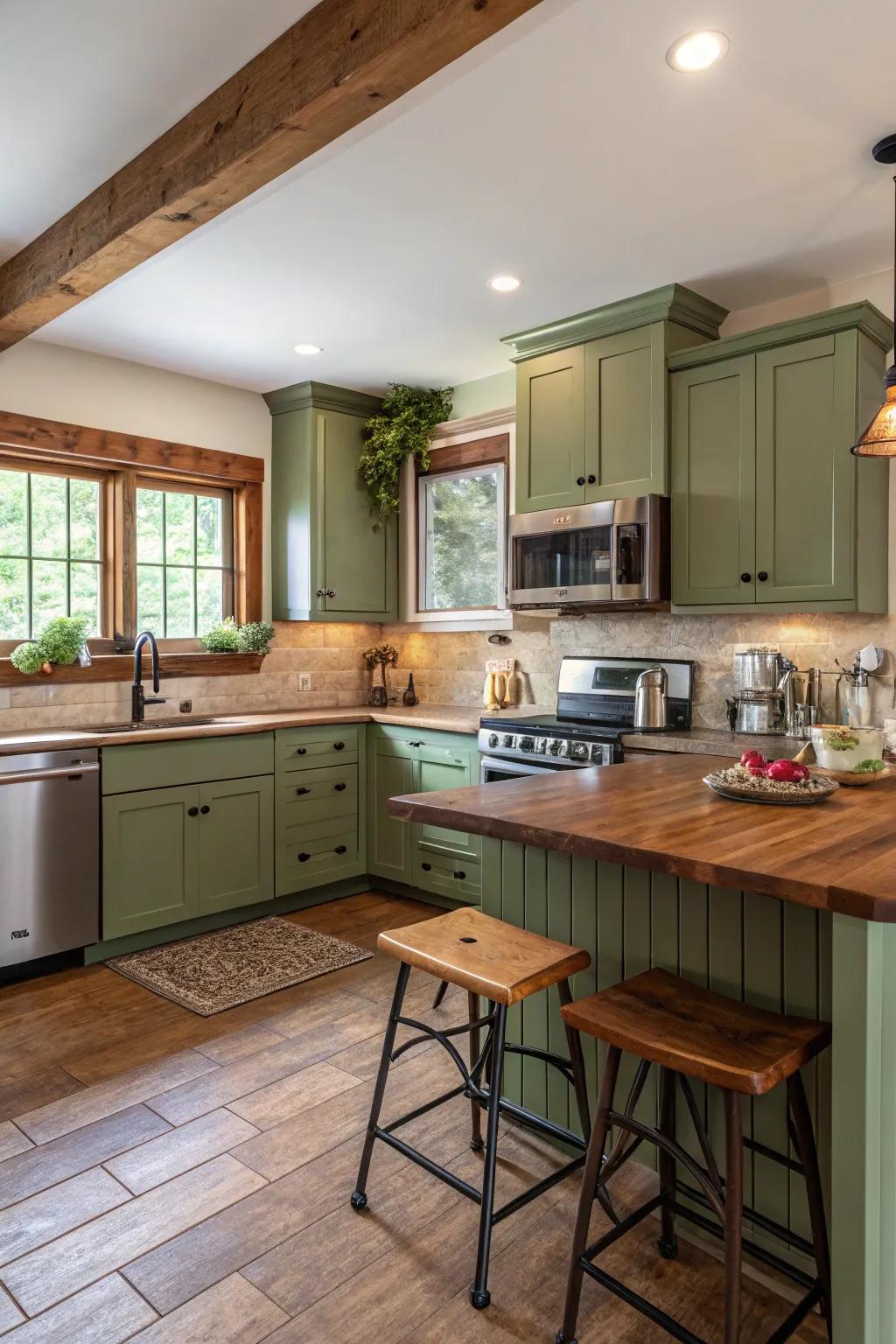 Emerald cabinets create a soothing, natural kitchen environment.