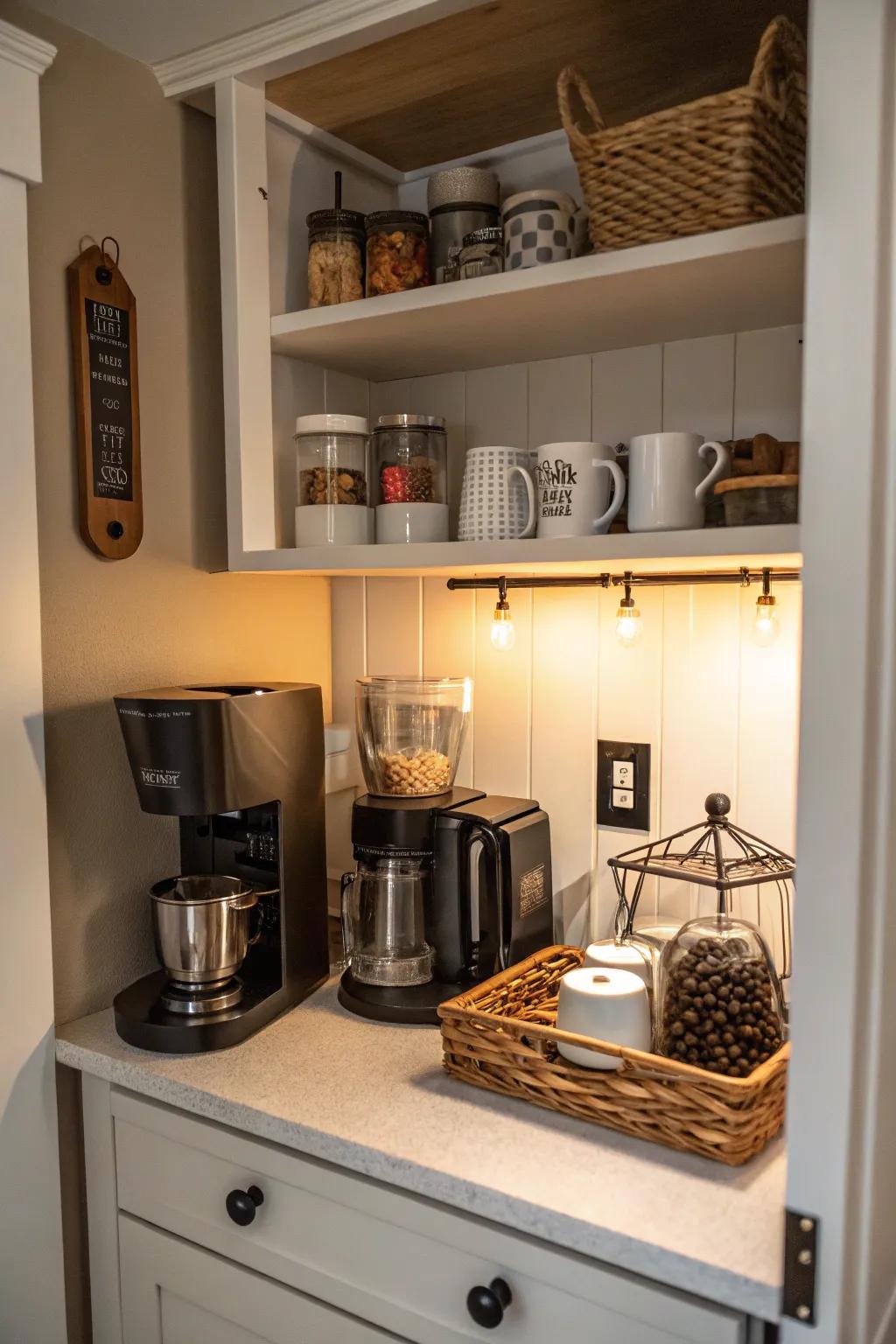 A compact yet highly functional coffee station nestled in a small kitchen area.