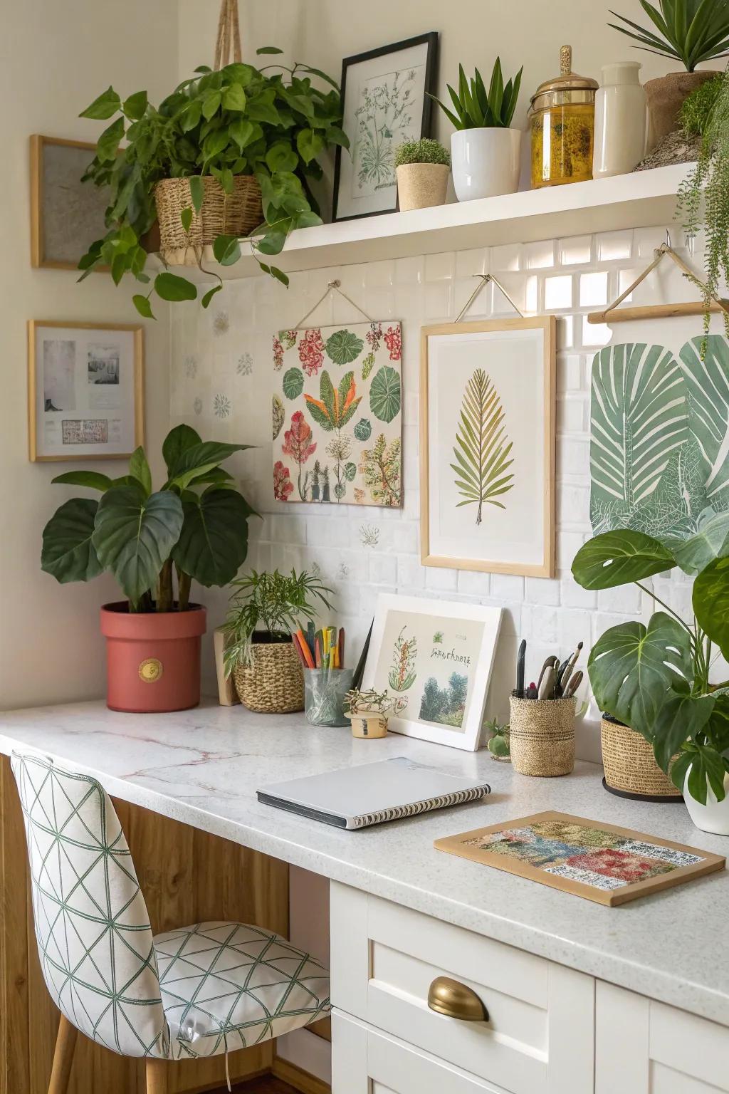 A kitchen desk area personalized with decorative plants and artwork.