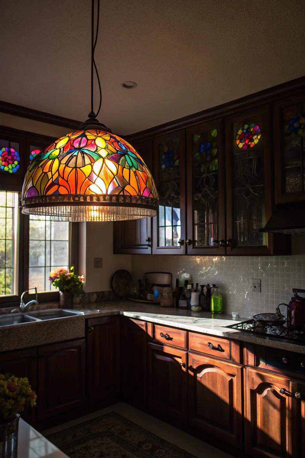 Stained glass fixture creating an artistic atmosphere.