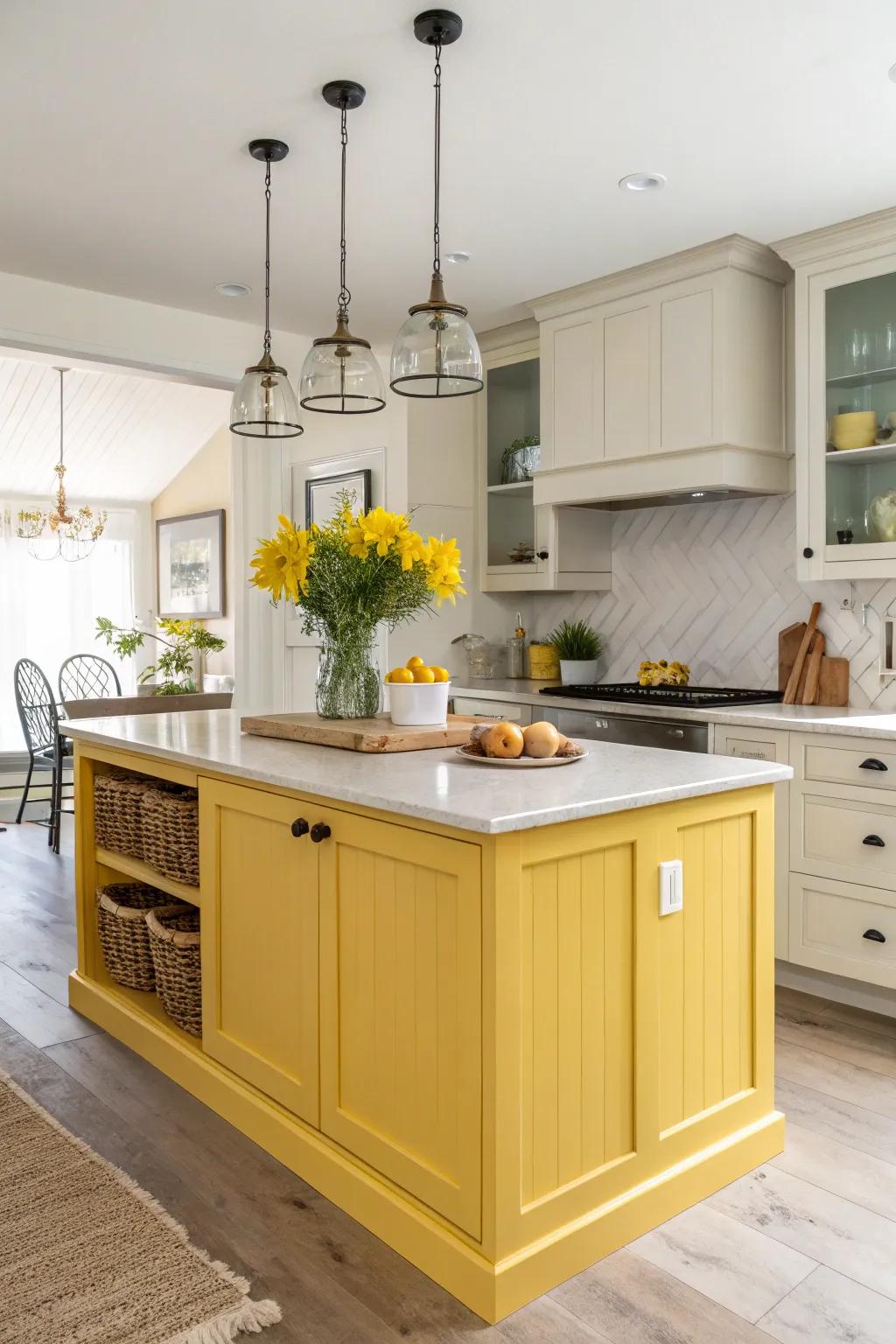 A sunny gold kitchen island infuses energy and joy into the kitchen atmosphere.
