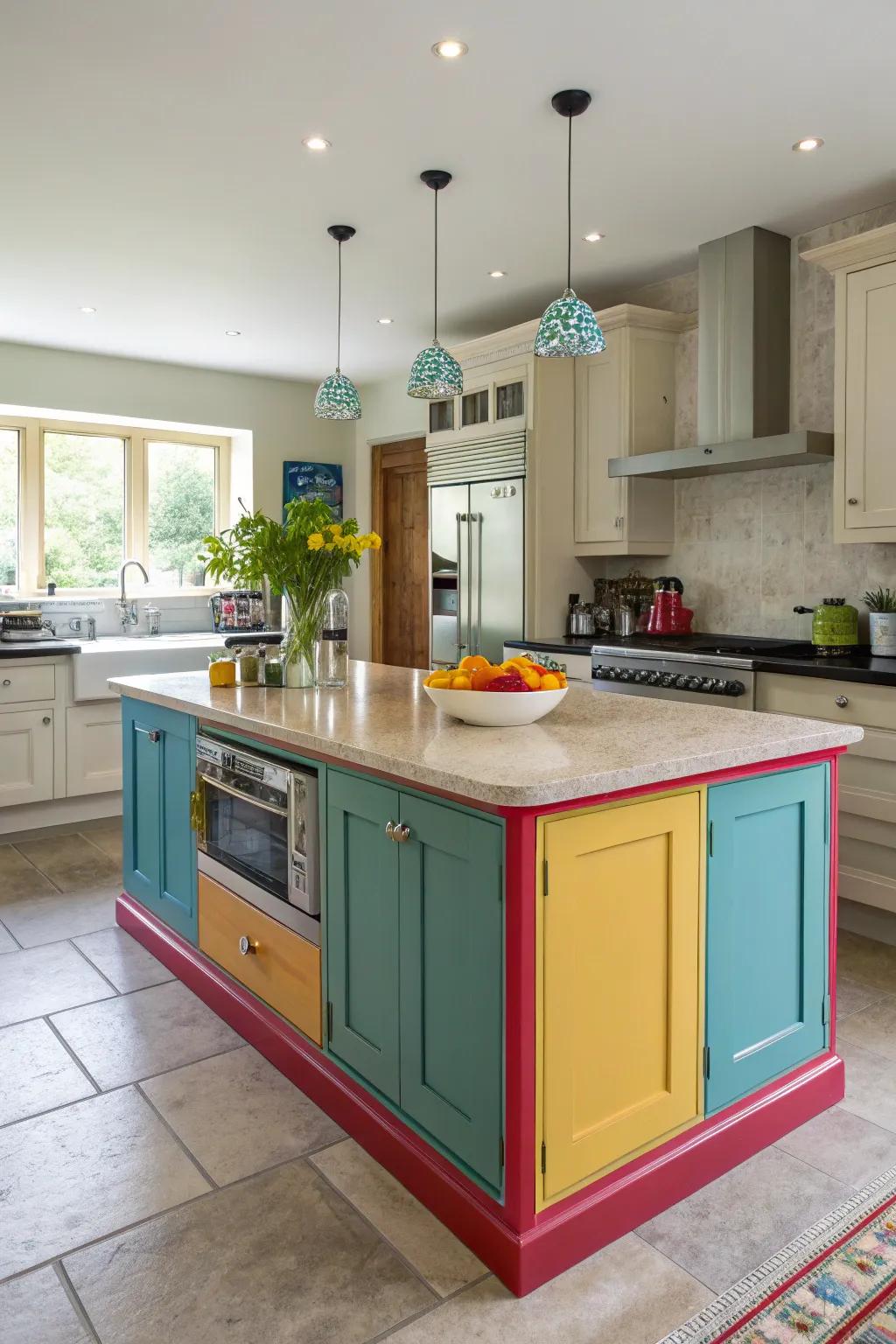 A kitchen island with bold trim colors for a vibrant touch.