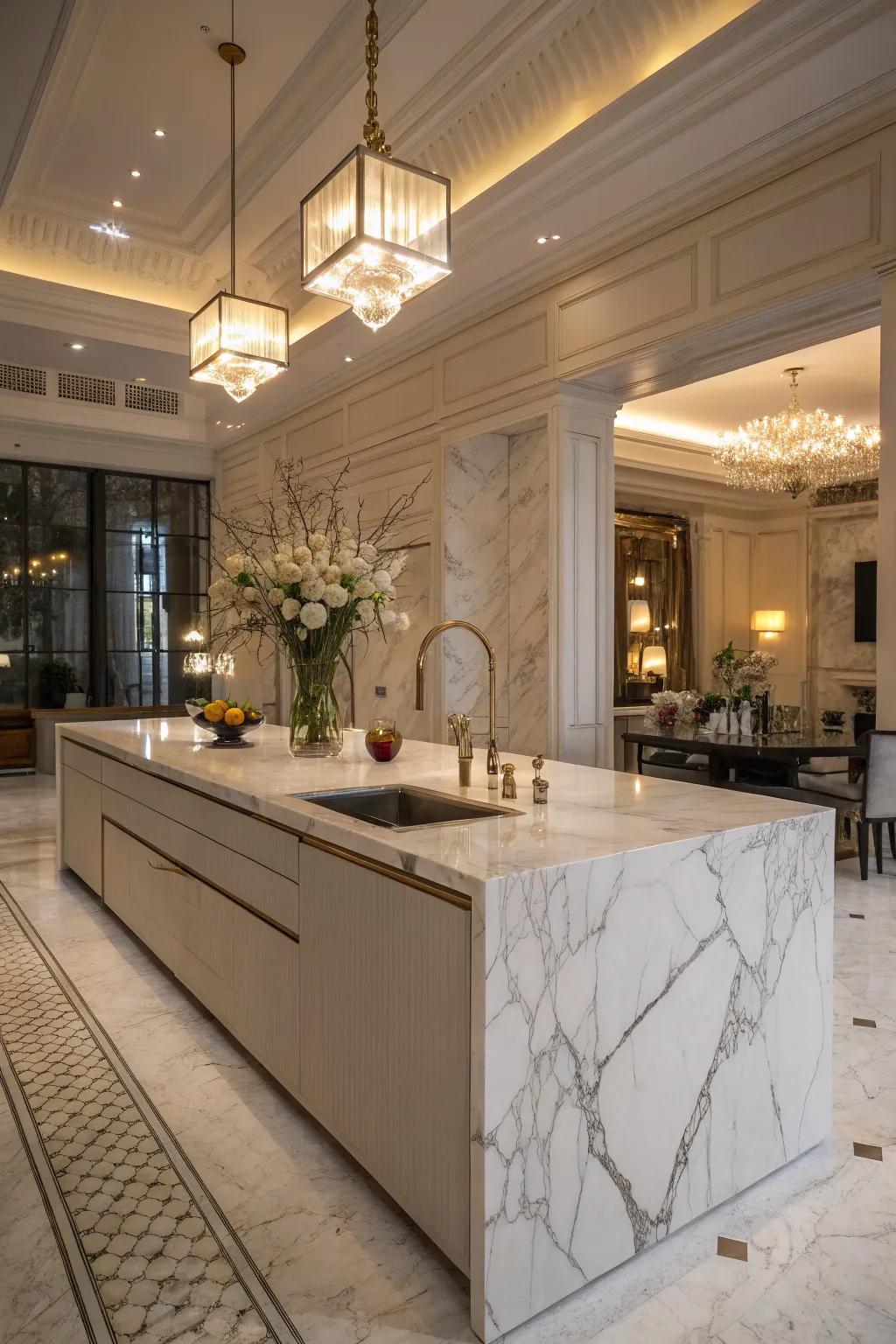 A luxurious marble kitchen island with an artistic touch.
