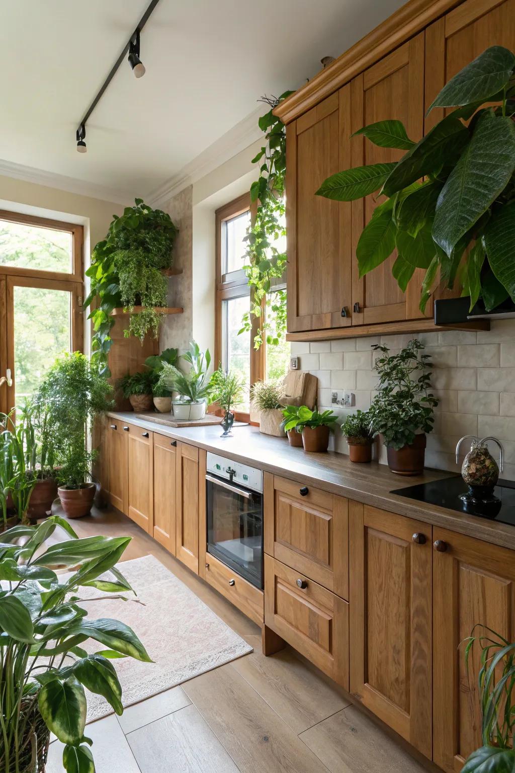 A kitchen highlighting raw components such as wood and flora.