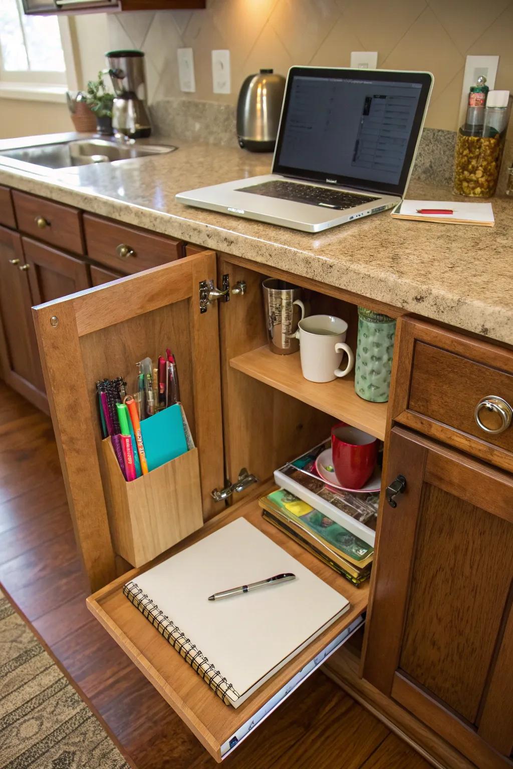 A discreet hidden desk setup within kitchen cabinets.