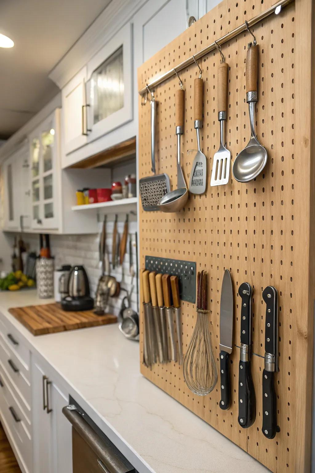 A pegboard offers flexible storage options.