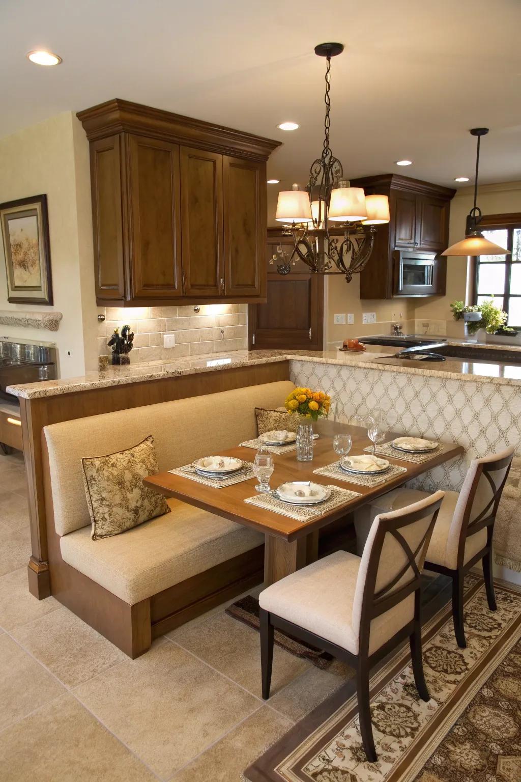 Banquette seating provides a space-saving dining solution.