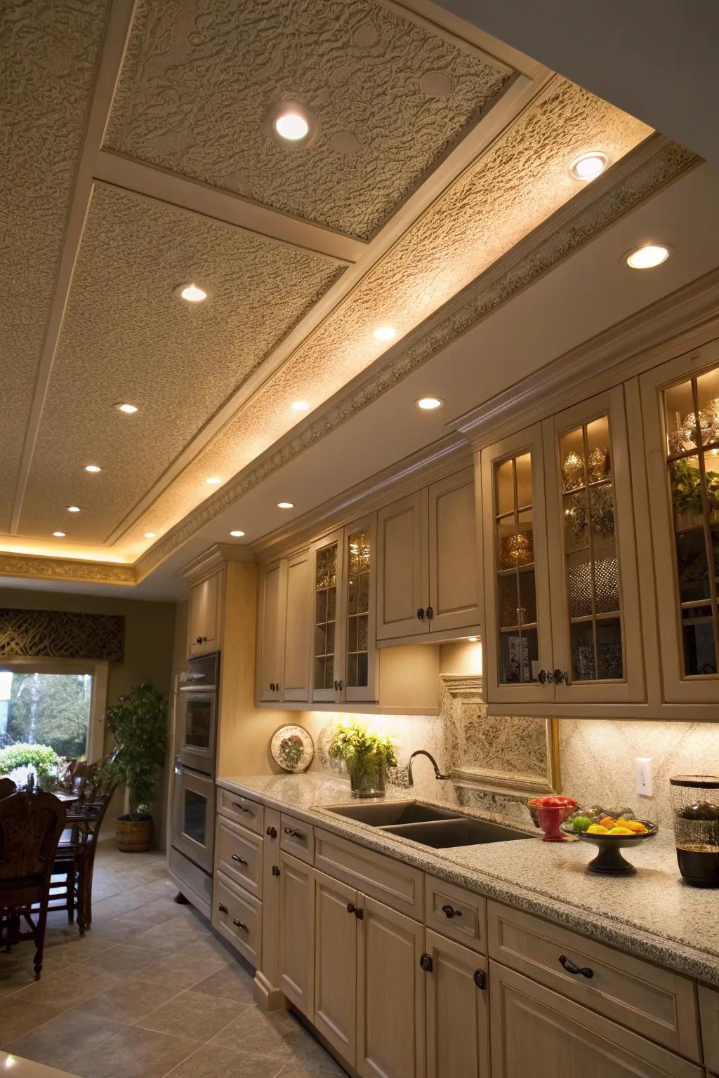Recessed lighting in the soffit brings warmth to the kitchen.