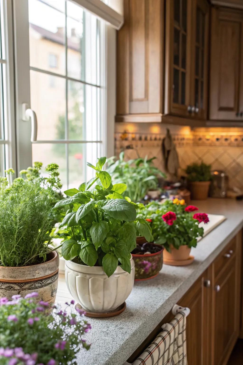 Green foliage adds a lively, refreshing vibe to any cooking space.