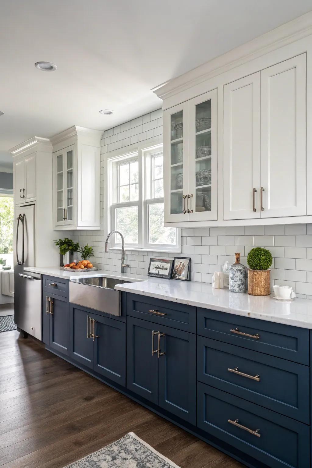 Dual-tone cupboards introduce a striking appearance to this kitchen.