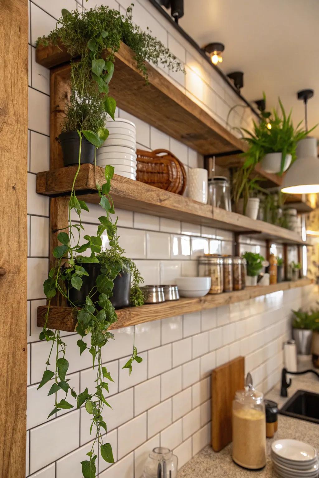 Organic elements, such as wooden shelving and plants, enrich this tiled kitchen wall.