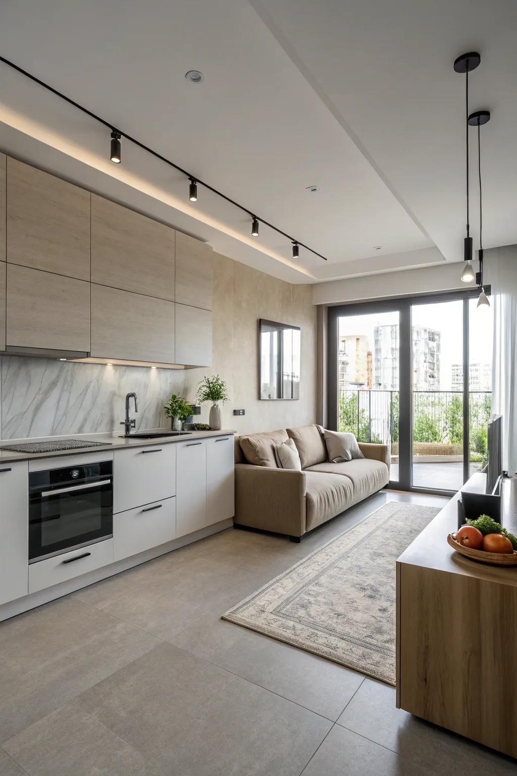 A contemporary kitchen featuring a sleek sofa, showcasing modern design elements.