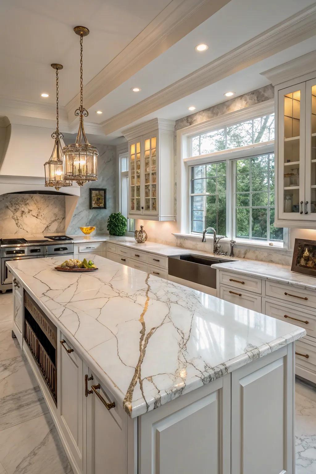 Elegant marble countertops elevate the sophistication of this white kitchen.