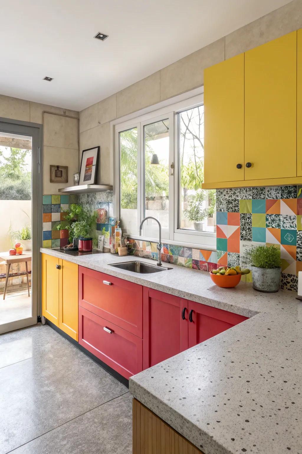 A kitchen that pops with concrete countertops and vibrant color accents.