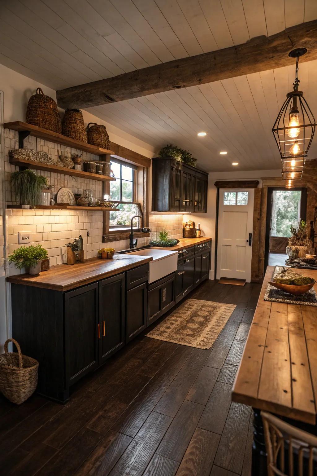 Wooden countertops add warmth to this kitchen with dark floors.