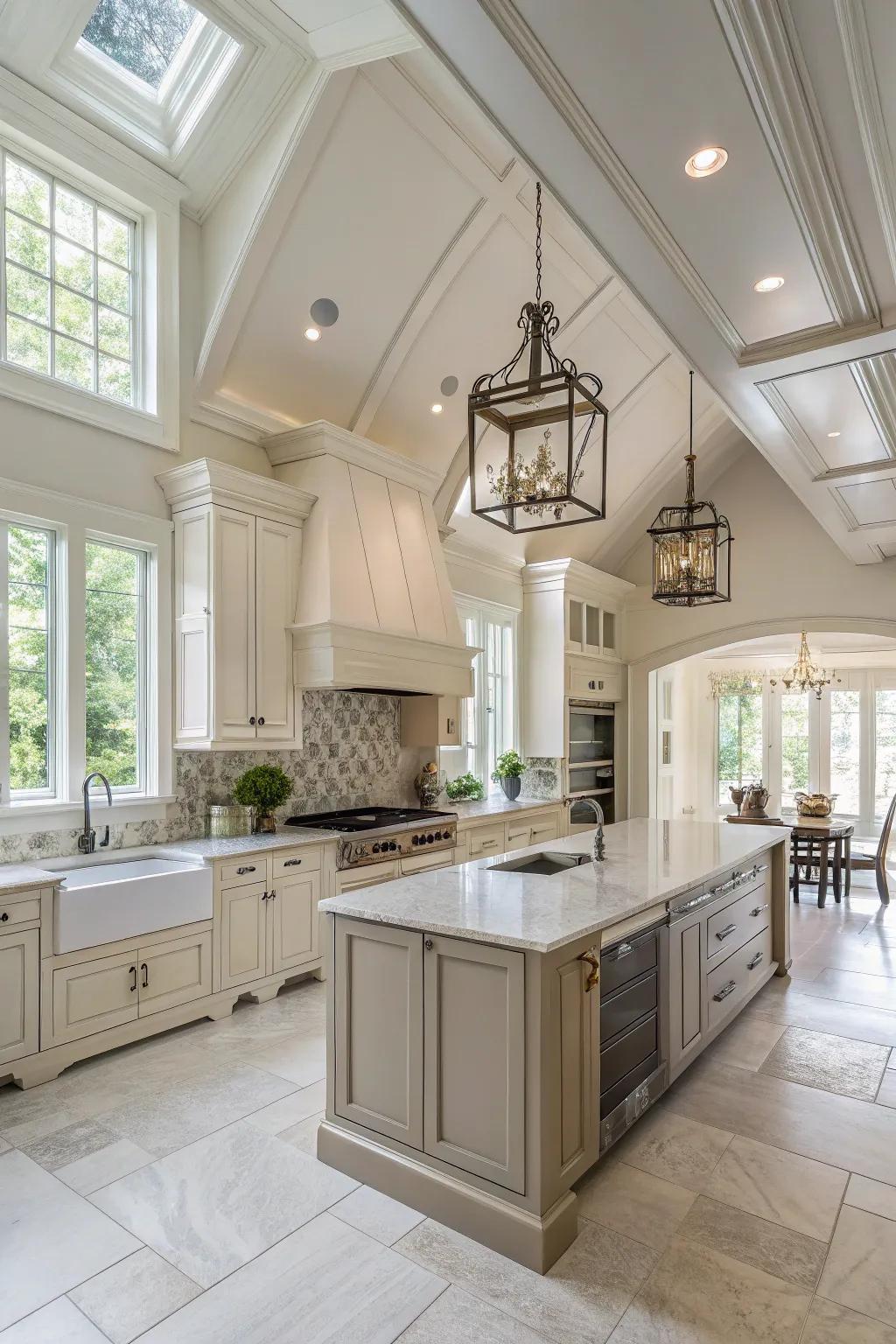 Neutral shades enhance the sophistication and openness of the kitchen's high ceilings.