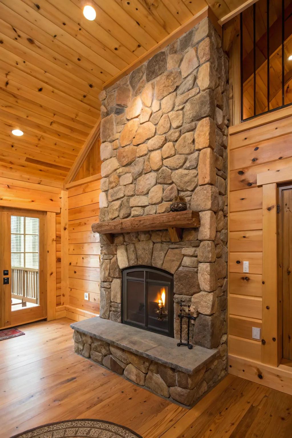 Rock hearth combined with knotty pine walls for rustic charm.