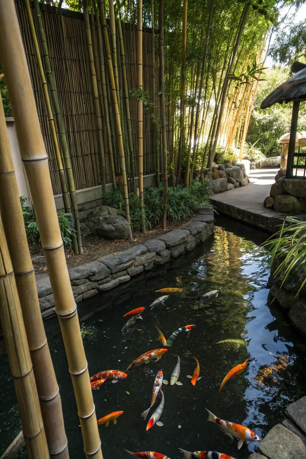 A koi pond featuring bamboo shades, creating a cozy, rustic atmosphere.