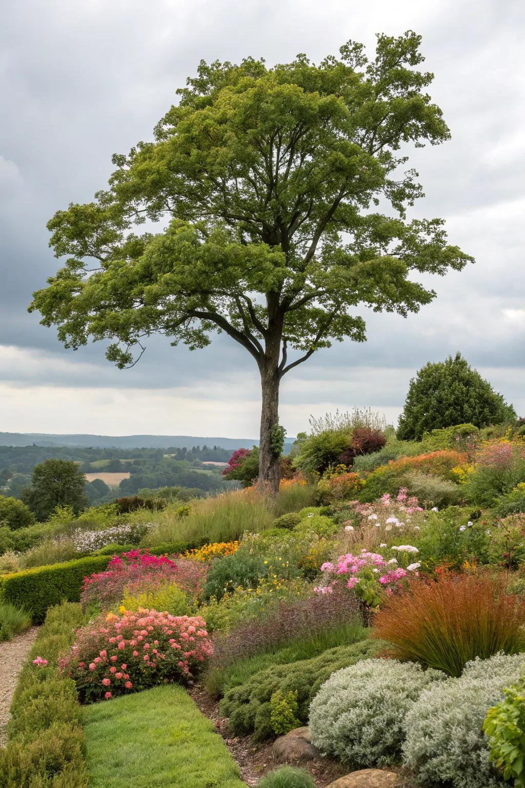 Diverse foliage adds texture and intrigue around trees.