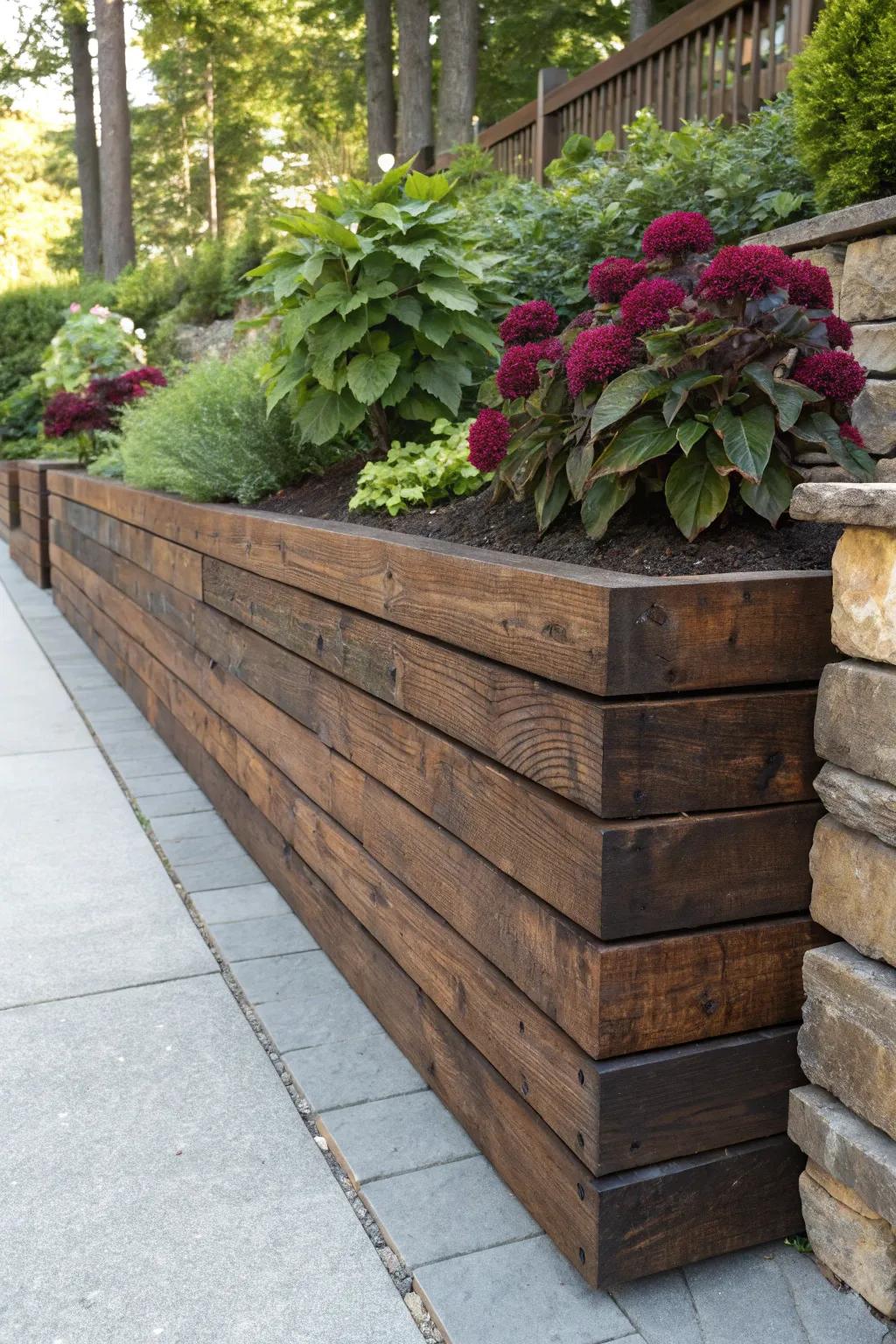 Enhance your garden's charm with expertly crafted landscape timber walls.