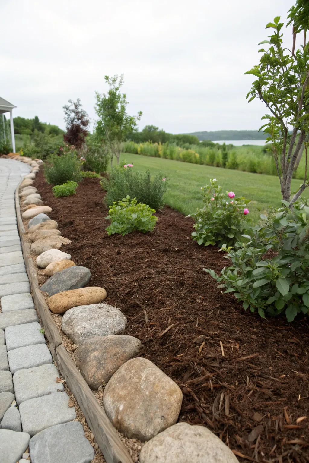 A well-maintained garden bed with fresh mulch and stone edging.
