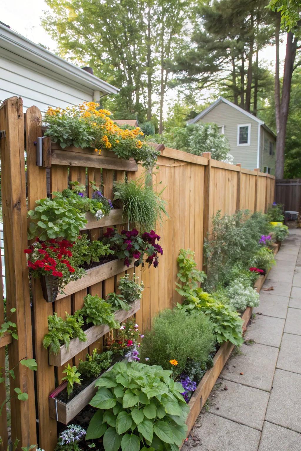 A vertical garden on a fence, showcasing a variety of colorful plants.
