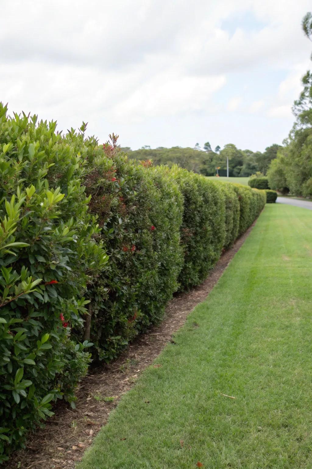 Achieve privacy and openness with Indian hawthorn hedges.