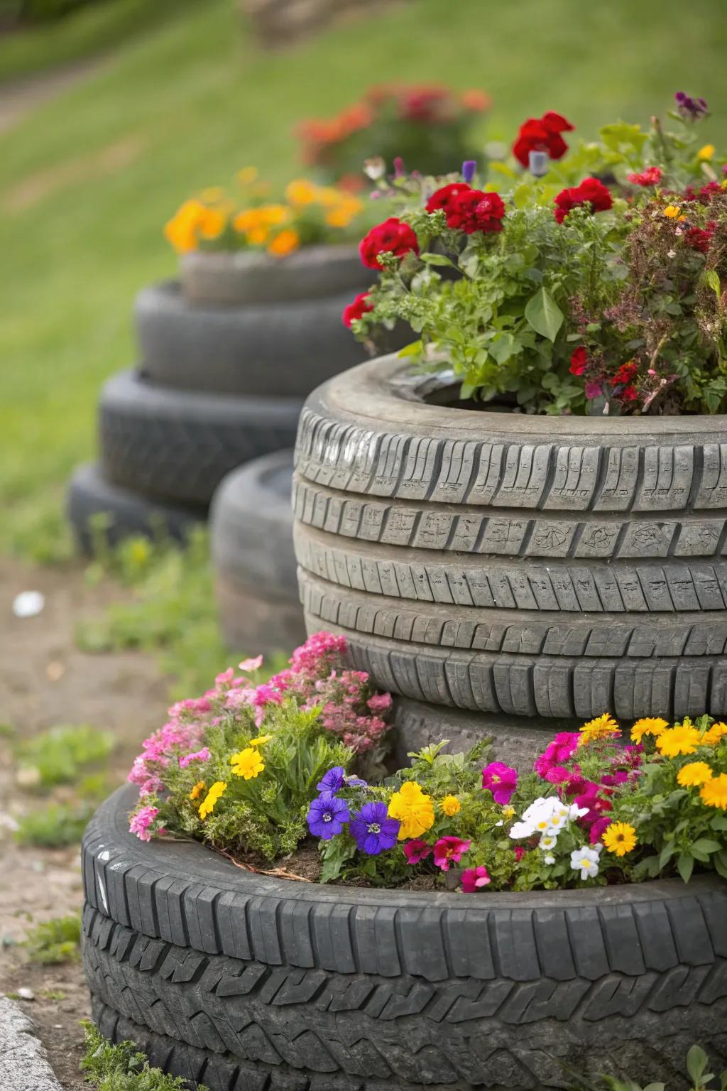 Revamped tyres result in captivating, eco-friendly elevated gardens.
