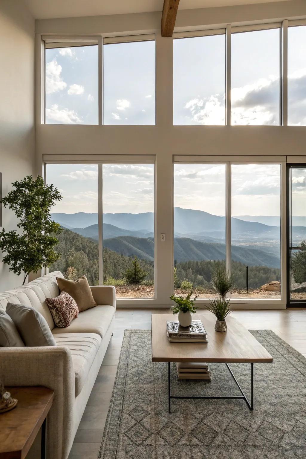 Picture windows offering a breathtaking, unobstructed view of the mountains.