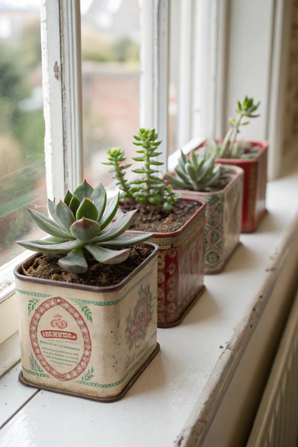 Charming vintage tea tins repurposed as succulent planters.