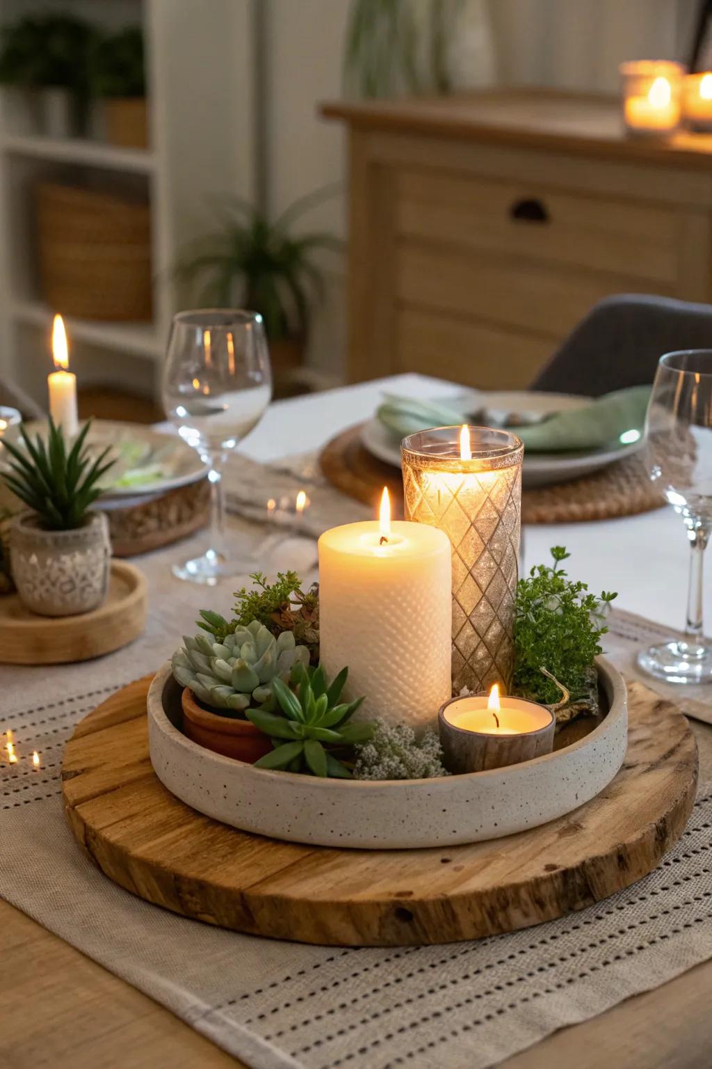 A stylish dinner table setting using a spinner as the centerpiece.