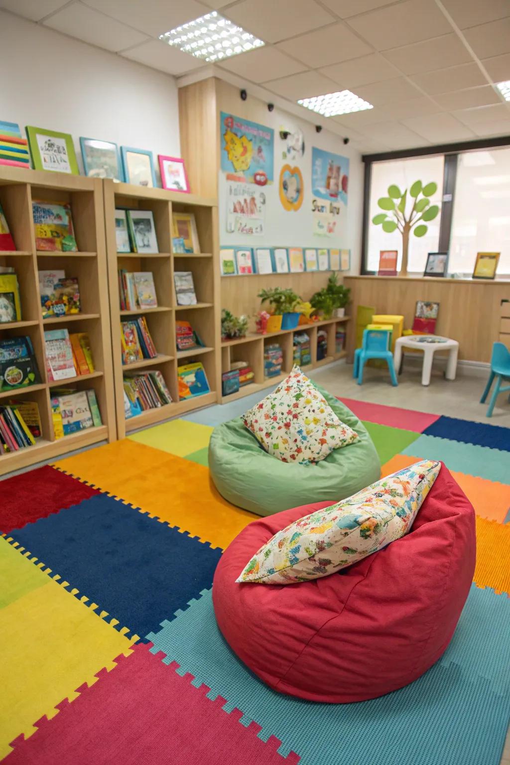 A lively children’s reading area furnished with vibrant, small-scale pieces.