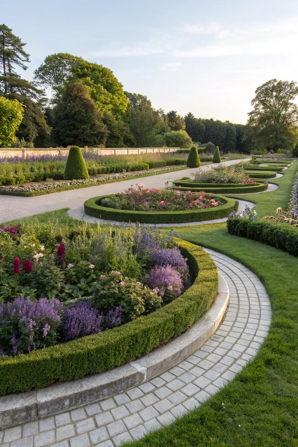 Neat liriope lines accentuate circular garden beds, adding sophistication.