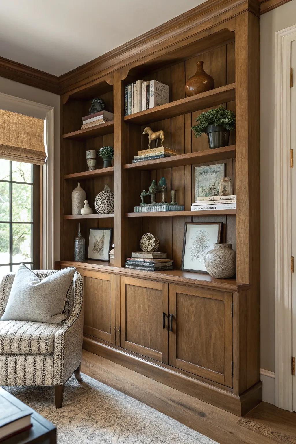Corner shelving is perfect for displaying books and collectibles.
