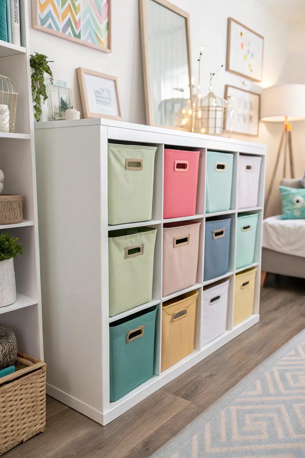 Harmonious color coordination in shelving, resulting in an elegant and unified living space.