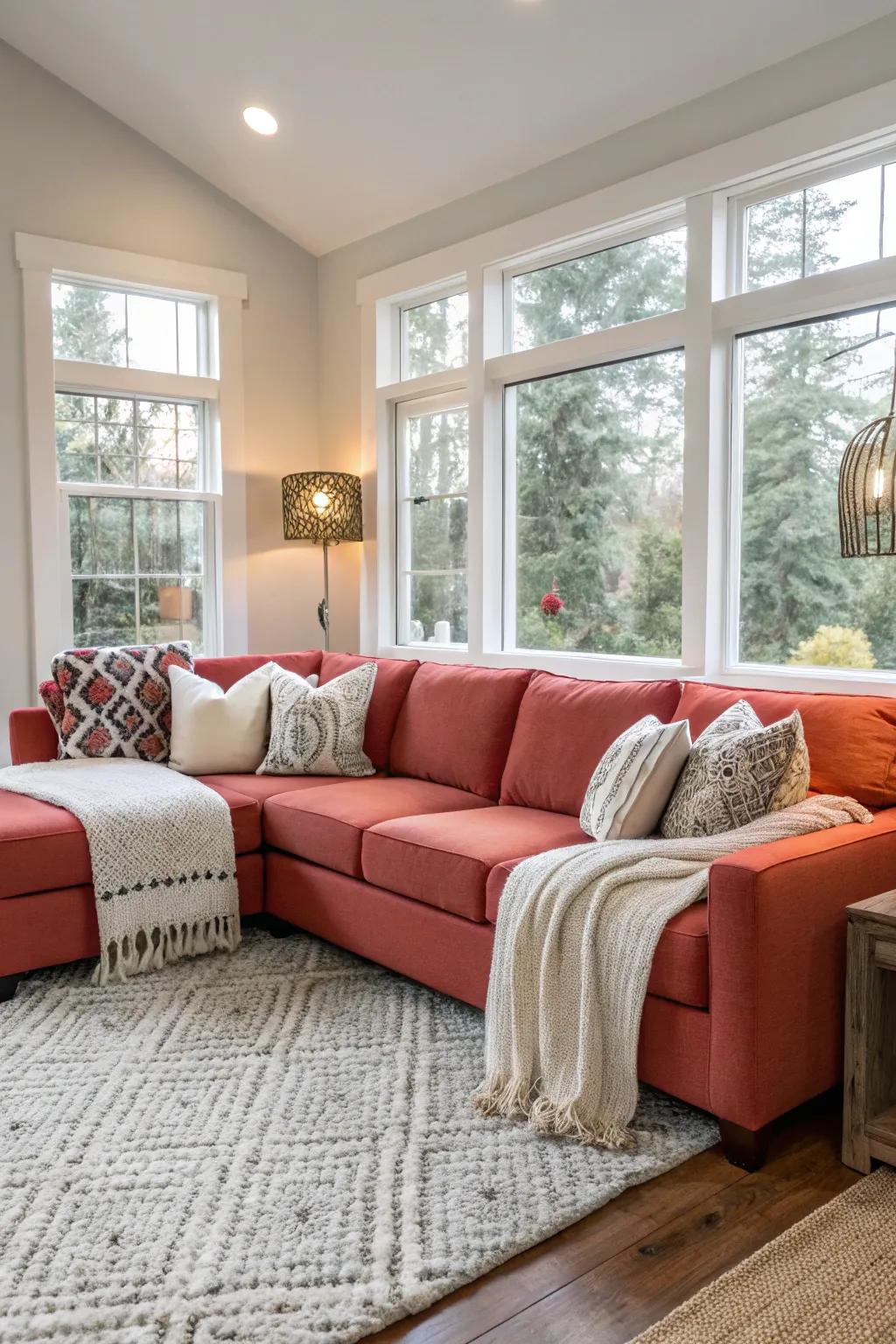 A vibrant sectional injects a lively splash of color into the living room.